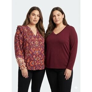 Lot of 2 Democracy BlouseM Floral V-Neck Button Front Long Sleeve Ruffle